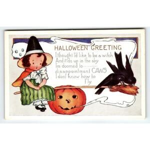 Whitney Vintage 1907 Halloween Postcard Witch, Smoke Pumpkin & Crows Lithograph